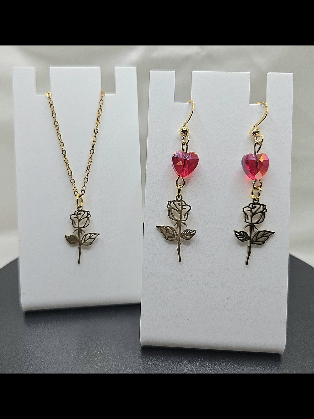 Hand Crafted Gold Stainless Steel Rose Necklace and Pink Heart Drop Earrings Set